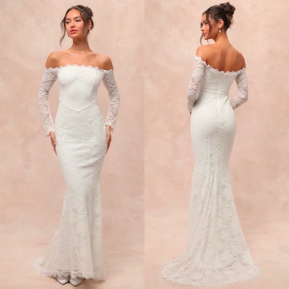 NWT Lulu's Beloved Promise White Lace Off-the-Shoulder Mermaid Maxi Dress